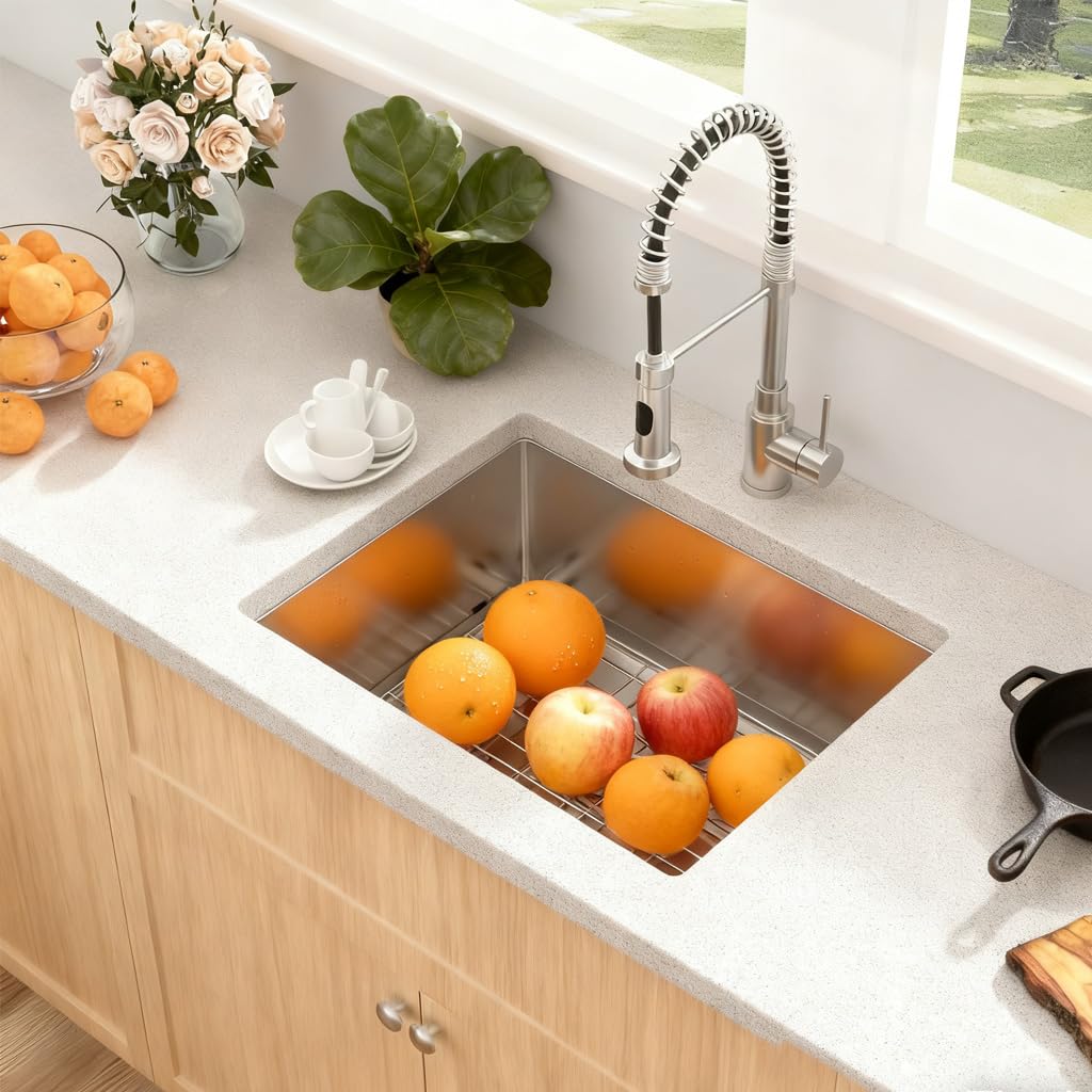 24 x 18 Inch Undermount 304 Stainless Steel Kitchen Sink, Deep Single Bowl Workstation Sink, Multifunctional Integrated Ledge One Basin Handmade Kitchen sink with Accessories
