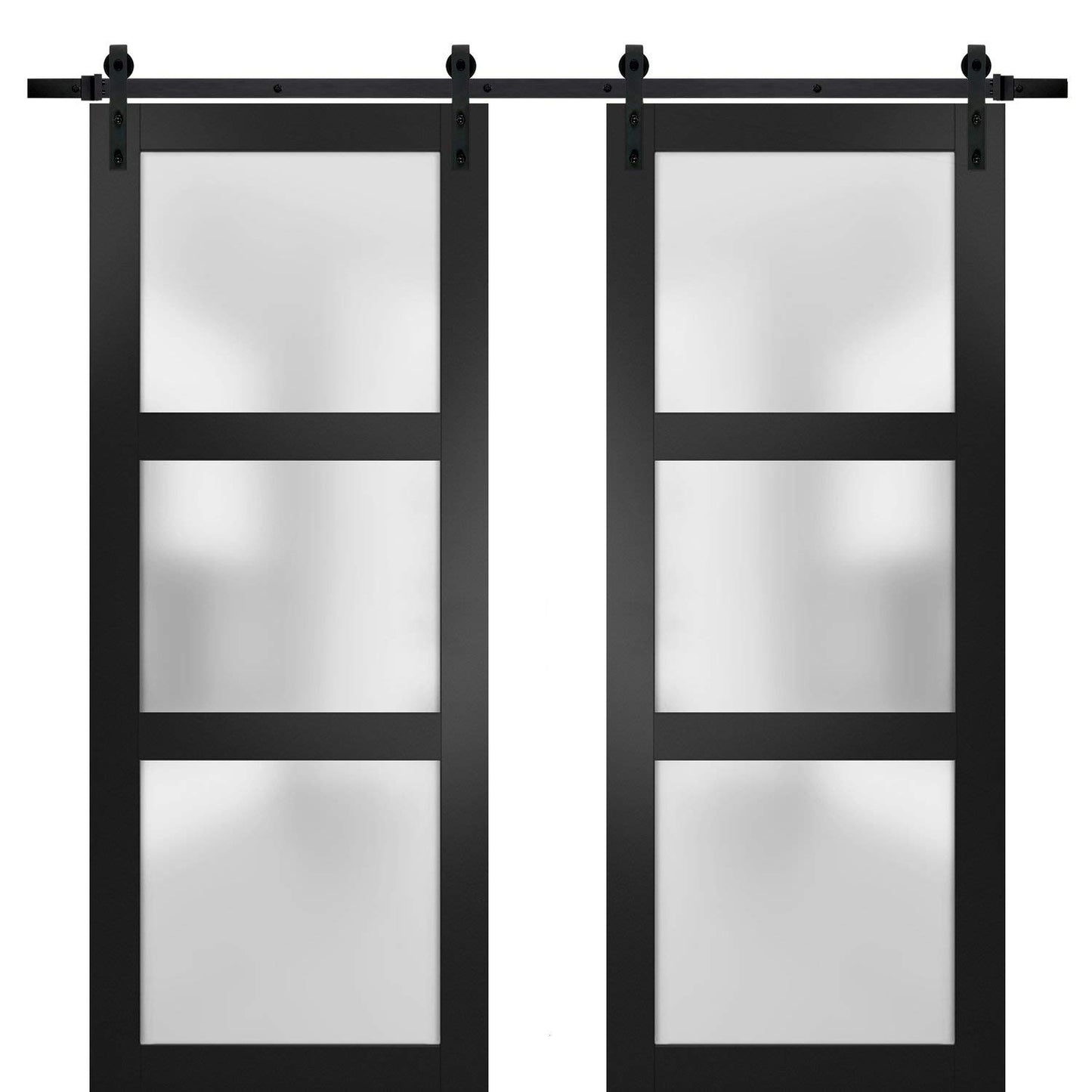 SARTODOORS Sturdy Double Barn Door with Frosted Glass | Lucia 2552 Black Matte | 13FT Rail Hangers Heavy Set | Solid Panel Interior Doors-48" x 80" (2 * 24x80)-Frosted Glass-Black Rail