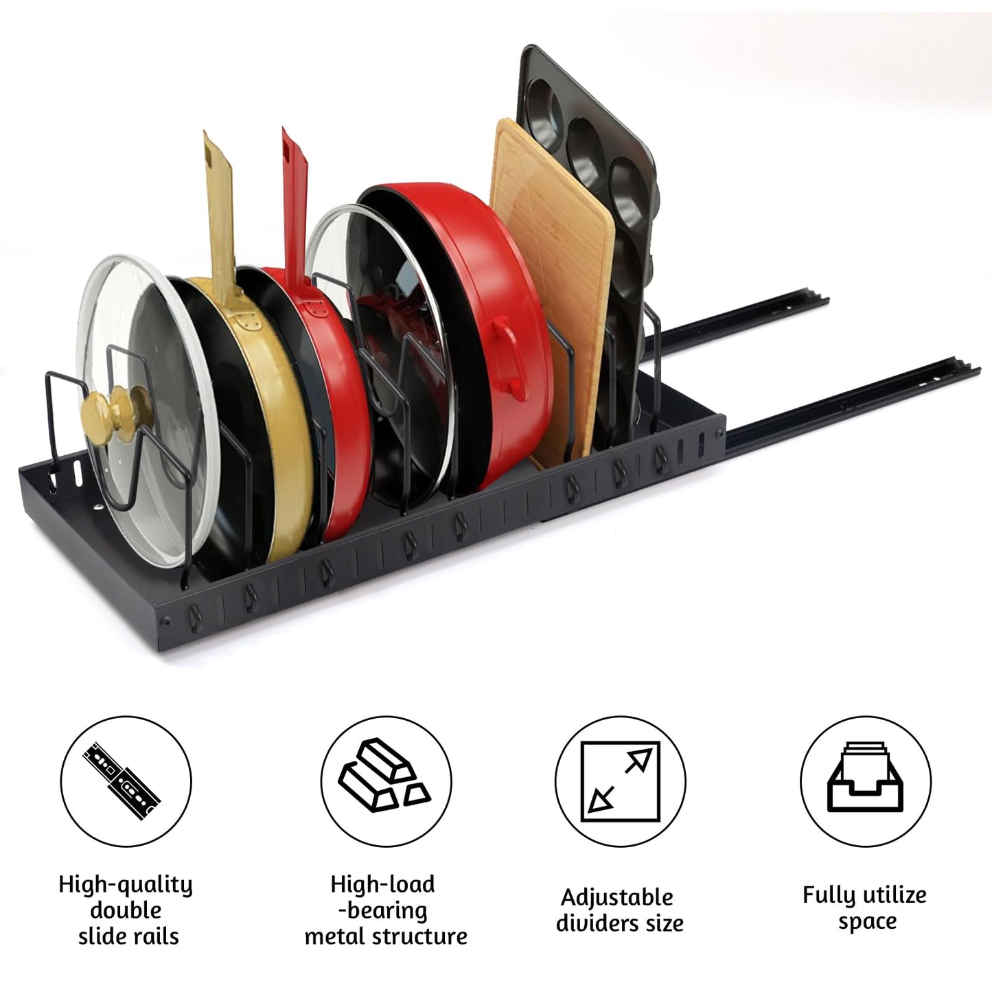 XIAPIA 2 Pack Pull Out Pots and Pans Organizer Under Kitchen Cabinet, Pot Lid Organizers, Slide Out Cookware Storage Rack with 8 Adjustable Dividers, Pull Out Shelves for Dishware Seasoning, Black