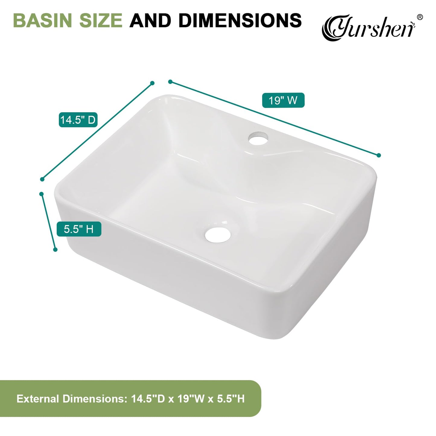 Yurshen 19 Inch Bathroom Sink with Black Faucet- 19"x15" White Ceramic Bathroom Vessel Sink Above Counter Ceramic Sinks Bowl Classic White Glossy Porcelain Sinks