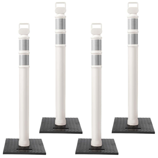 Kanayu 49 Inch Traffic Delineator Posts with 8.8 Lbs Rubber Base PE Delineator Post Portable Parking Pole Traffic Cone Barrier with Removable Base, Reflective Band(4 Packs,White)