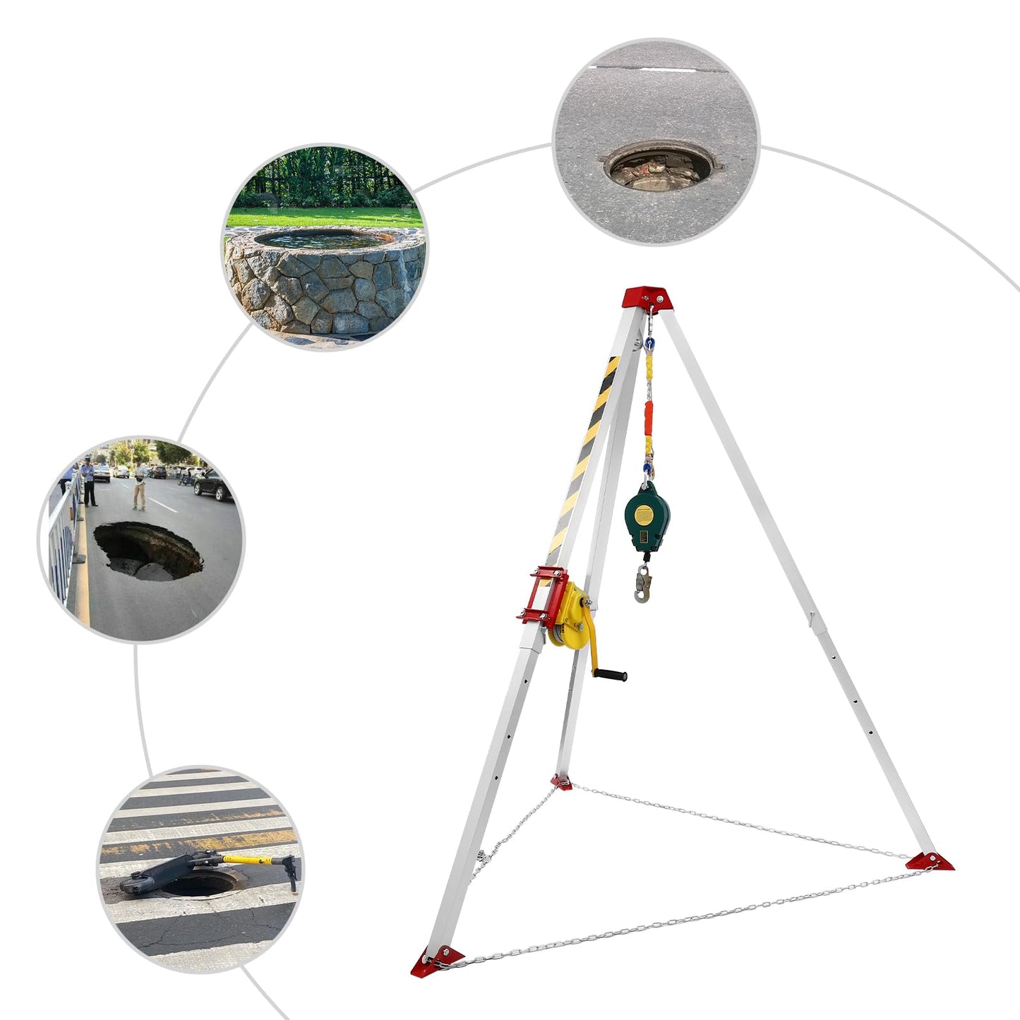 Confined Space Tripod Kit, Rescue Tripod with Winch Mount and Long Steel Wire, Adjustable Rescue Tripod Fall Arrester Triangular Support Bracket and Ring Protection Chain