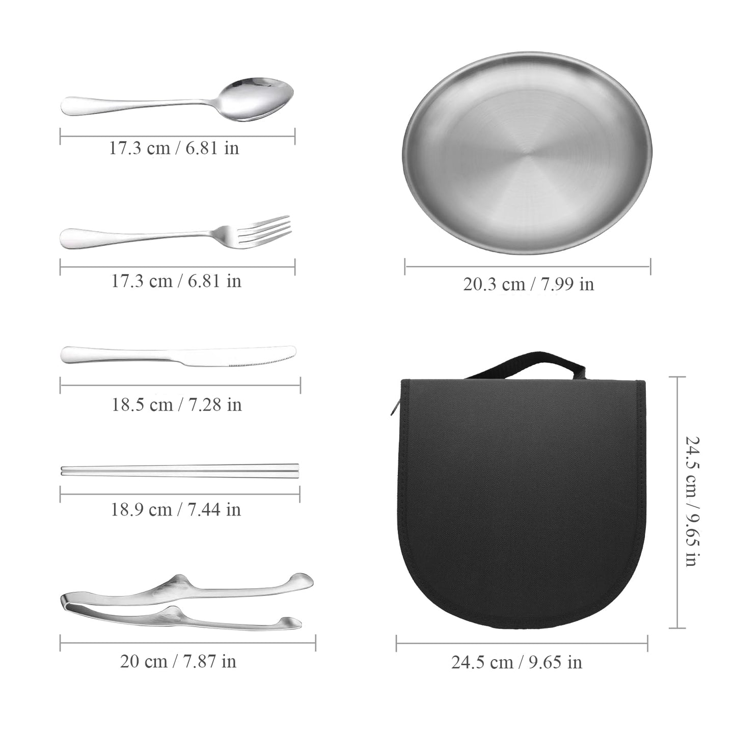 KERMANDO Stainless Steel Outdoor Camping Mess Kits - Includes Forks, Spoons, Knives, Chopsticks, Food Clip, Plates - Portable Cutlery Bag