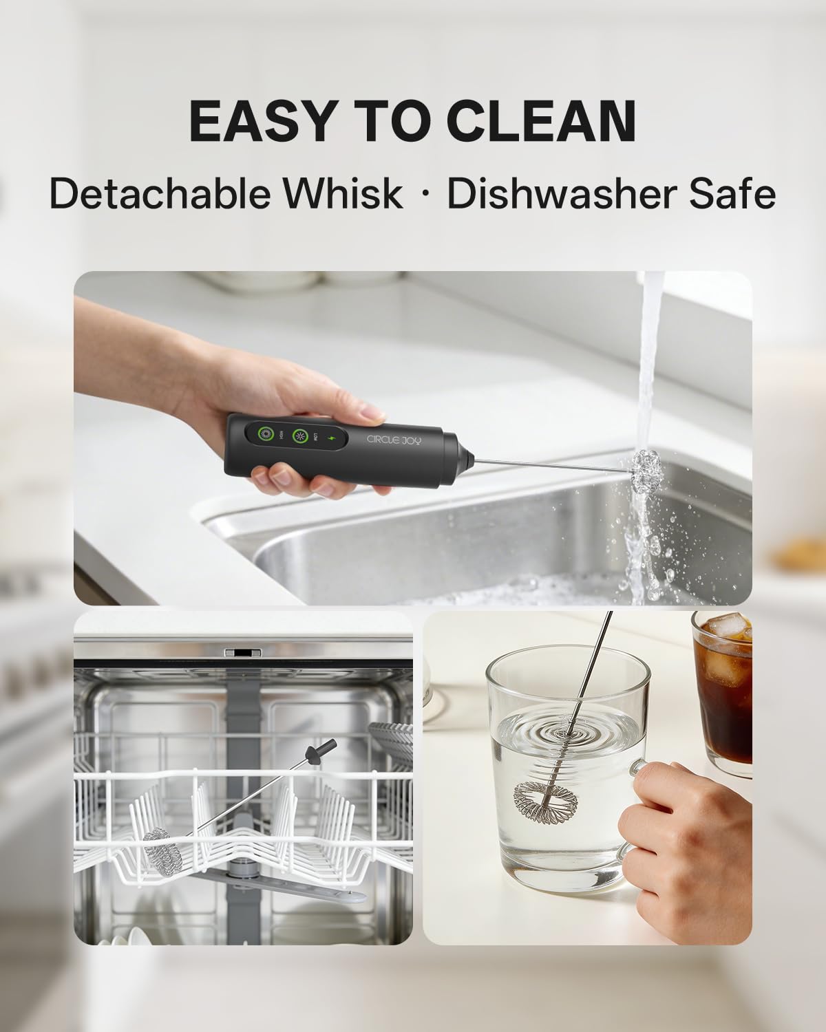 CIRCLE JOY Rechargeable 2-Speed Handheld Milk Frother with Stand, Dual Spring Whisk Electric Foamer, Portable & Detachable Coffee Frother Wand, Drink Mixer for Lattes, Macchiato, Hot Chocolate, Black