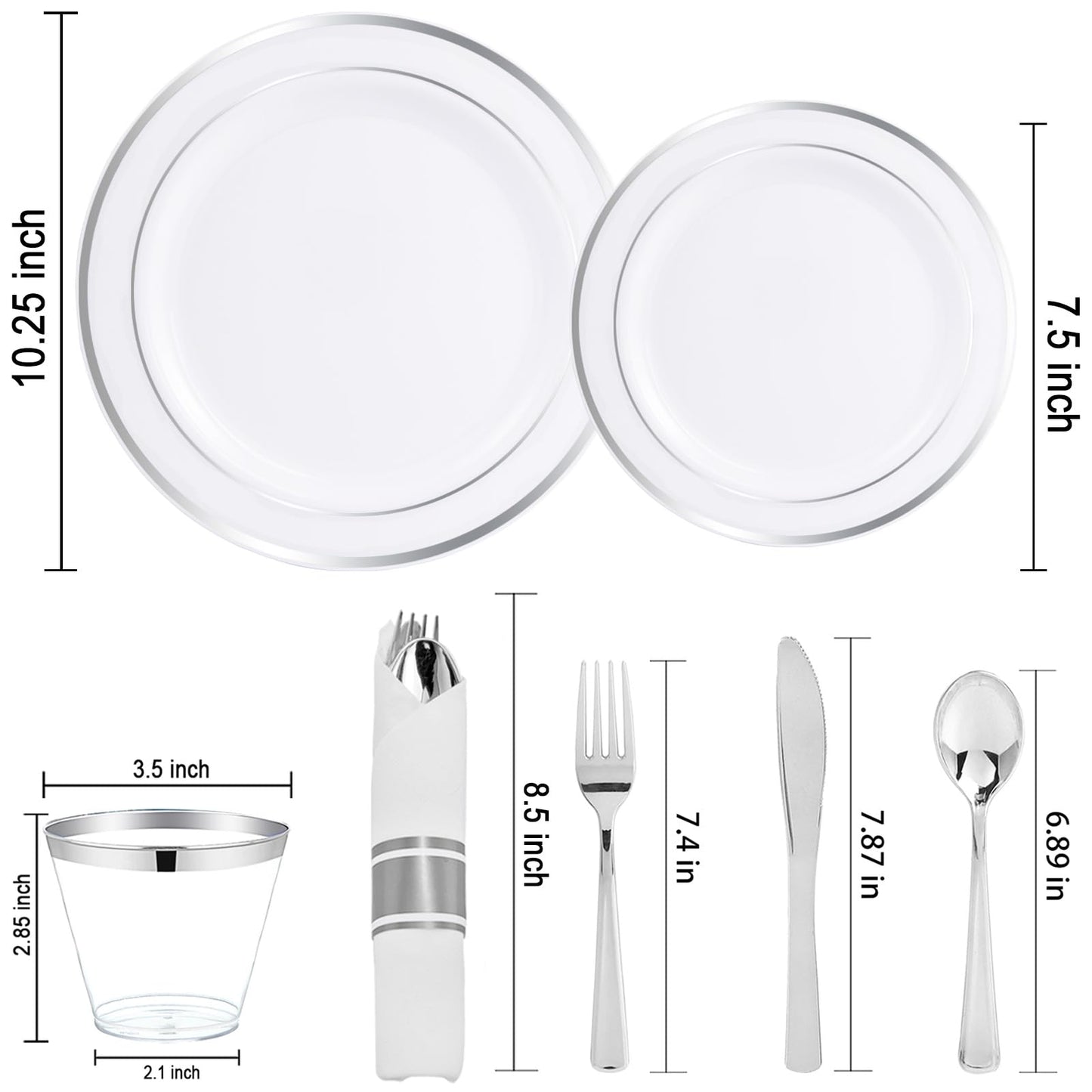 WELLIFE 210 Piece Silver Plastic Dinnerware Set for 30 Guests, Plastic Plates for Party, Include: 30 Dinner Plates, 30 Dessert Plates, 30 Pre Rolled Napkins with Silver Silverware and 30 Silver Cups