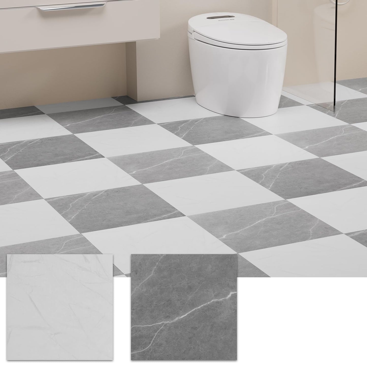 Fablioflo Peel and Stick Floor Tile, 20 PCS 12" x 12" Checkered Waterproof Marble Texture Luxury Vinyl Tiles, Easy DIY Self Adhesive Vinyl Flooring for Bathroom, Kitchen, Living Room, Dark Gray/White