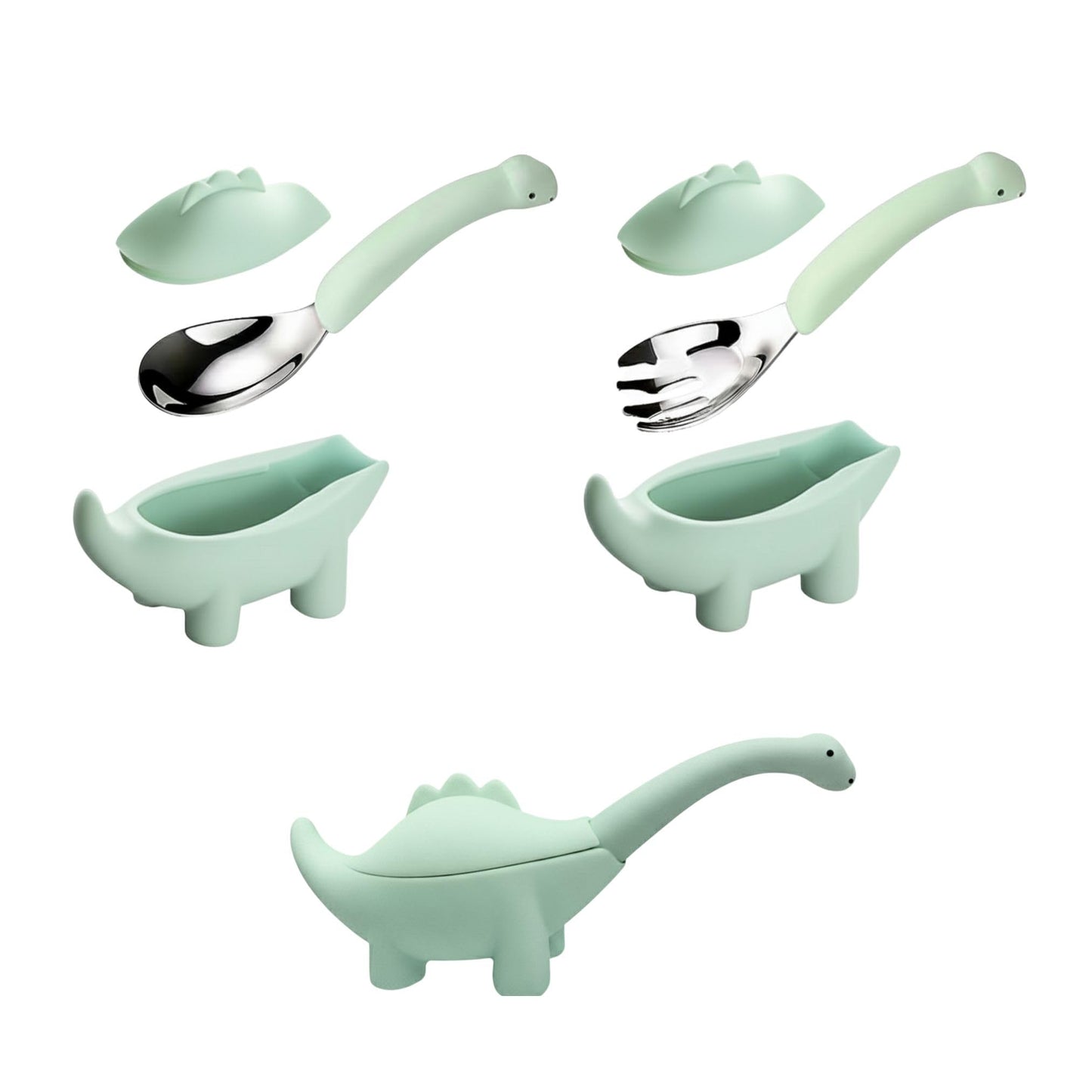 Baby Fork and Spoon Set, Cute Dinosaur Shape Premium Stainless Steel Silicone Toddler Utensils, Encourage Self Feeding, Playful & Fun, Safe, BPA Free, Easy Grip, Dishwsher Safe, Perfect Baby Gift