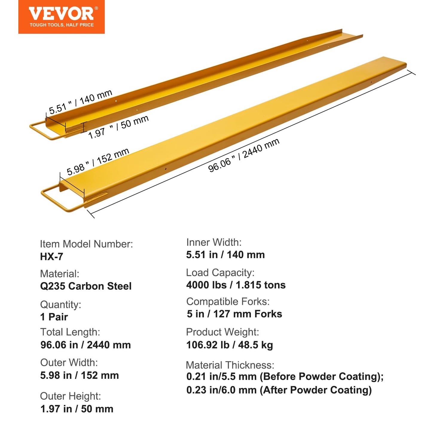 BestEquip Forklift Extensions, 96 inch Fork Extensions 5.5 inch Width, Heavy Duty Steel Pallet Fork Extensions, 1 Pair Forklift Extensions for Forklift Lift Truck Forklift Loaders