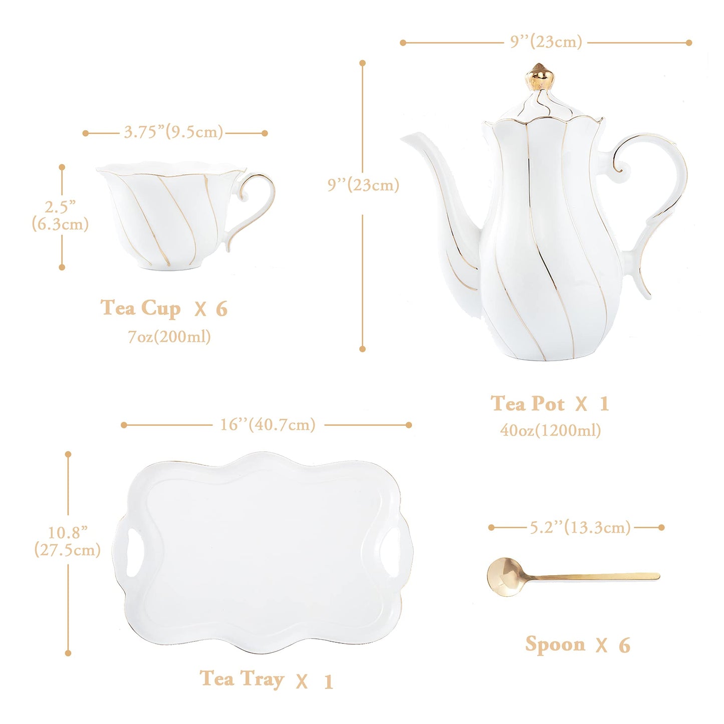 DUJUST 14 pcs Tea Set for 6 with Tea Tray & Spoons, Luxury British Style Coffee Cup Set with Golden Trim, Beautiful Porcelain Set for Living Room Decor, Tea Party Set, Gift Package - White