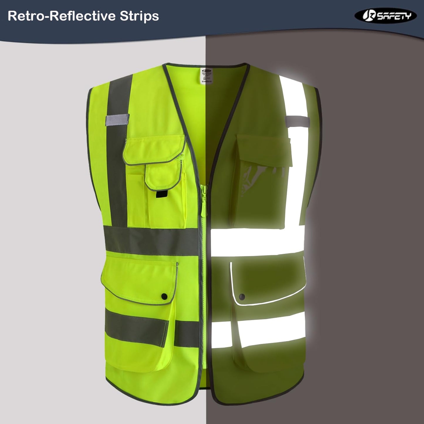 JKSafety 20 Pack 9 Pockets Class 2 High Visibility Zipper Front Safety Vest With Reflective Strips,Meets ANSI/ISEA Standard (X-Large, 156-Yellow)