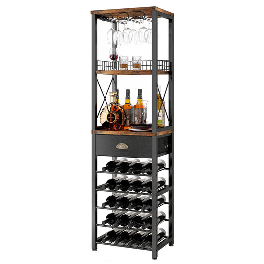Homeiju Wine Rack Freestanding Floor, Bar Cabinet for Liquor and Glasses, 4-Tier bar Cabinet with Tabletop, Glass Holder, Storage Drawer and Wine Storage for Living Room (Patent No.D29872845)