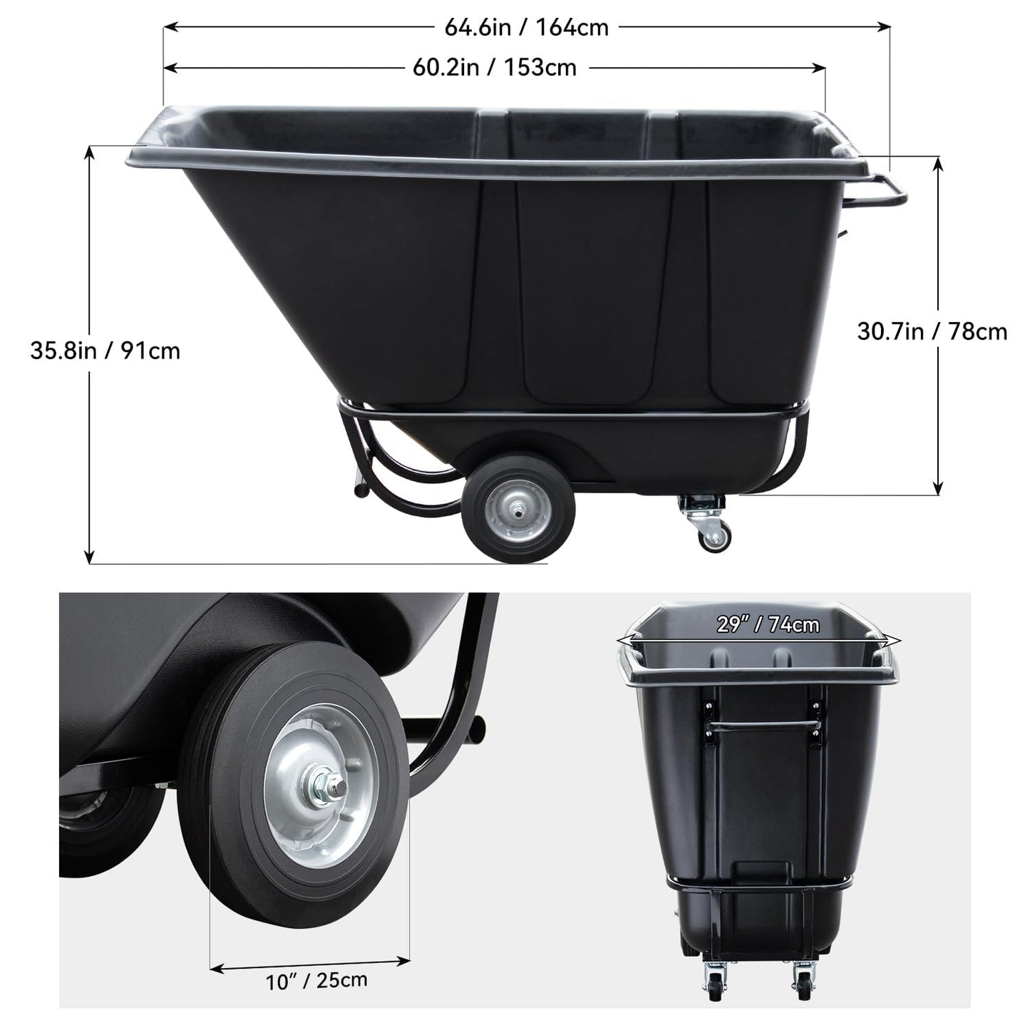 Fworkleft Tilt Dump Truck 850 lbs Capacity, 1/2 Cu.Yd Heavy Duty Trash Cart with Wheels, Forklift-Able Frame, Plastic Utility Dump Cart for Construction, Warehouse & Industrial Use (2-Pack)