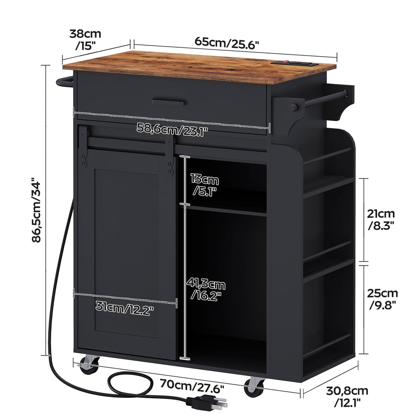 YATINEY Kitchen Island with Storage, Mobile Kitchen Cart with Charging Station, Kitchen Island on Wheels, Rolling Island Table with Sliding Cabinet Door, Black and Rustic Brown ZD01UBR