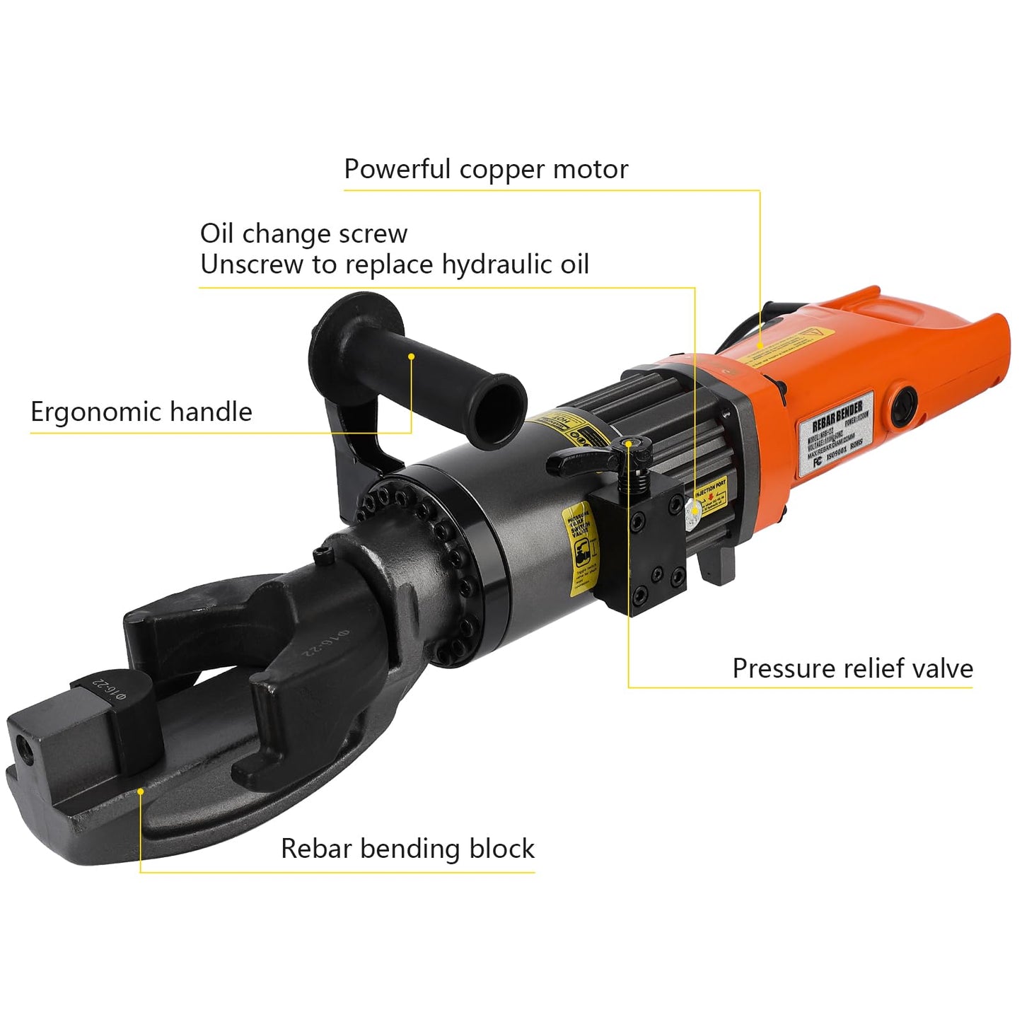 Electric Hydraulic Rebar Bender Tool,1200W 110V, Bending up to 7/8 in #7 22 mm Rebar, Bending Angle0-130°, Hand Held Bender Machine for Rod Steel Bar (1200W NRB-22)