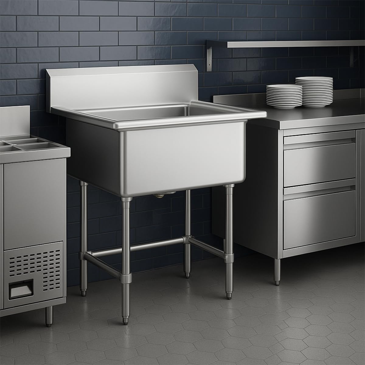 32" x 16" Stainless Steel Utility Sink with 6" Backsplash – 16-Gauge 304 Freestanding Commercial Prep & Wash Sink for Single-Inlet Faucet in Utility Rooms, Cafes, Bars, Foodservice Kitchens