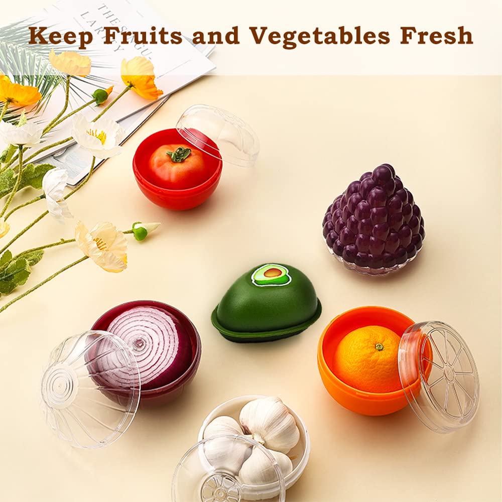 HMIEPRS 6 PCS Fruit and Vegetable Storage Containers, Reusable Storage Keeper, Lemon Orange Avocado Onion Garlic Tomato Shaped Saver Holder for Fridge, Refrigerator Crisper for Fruit and Vegetable