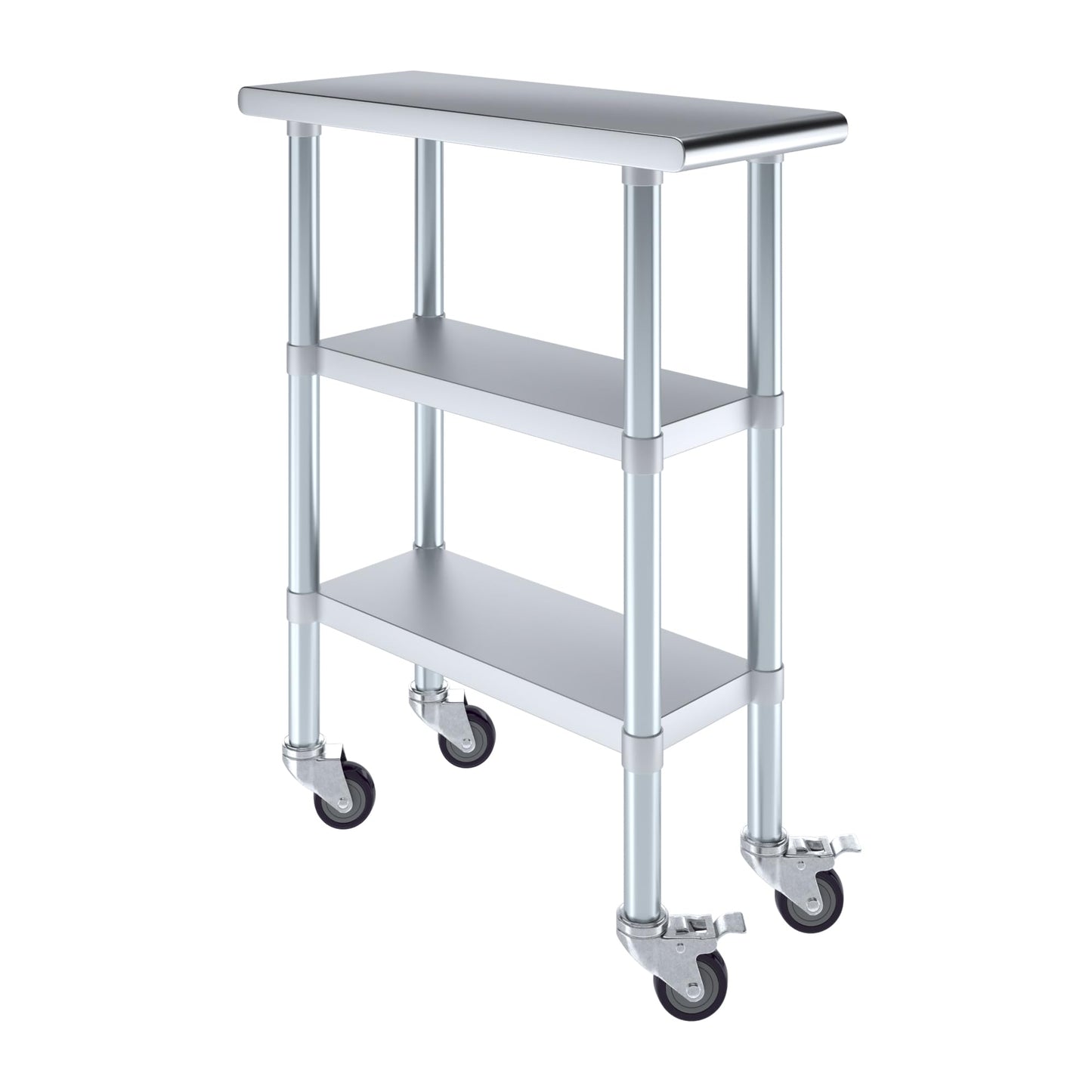 AmGood Stainless Steel Work Table with 2 Shelves and Casters | Metal Utility Table On Wheels (Stainless Steel Work Table with 2 Shelves + Casters, 12" Long x 30" Deep)