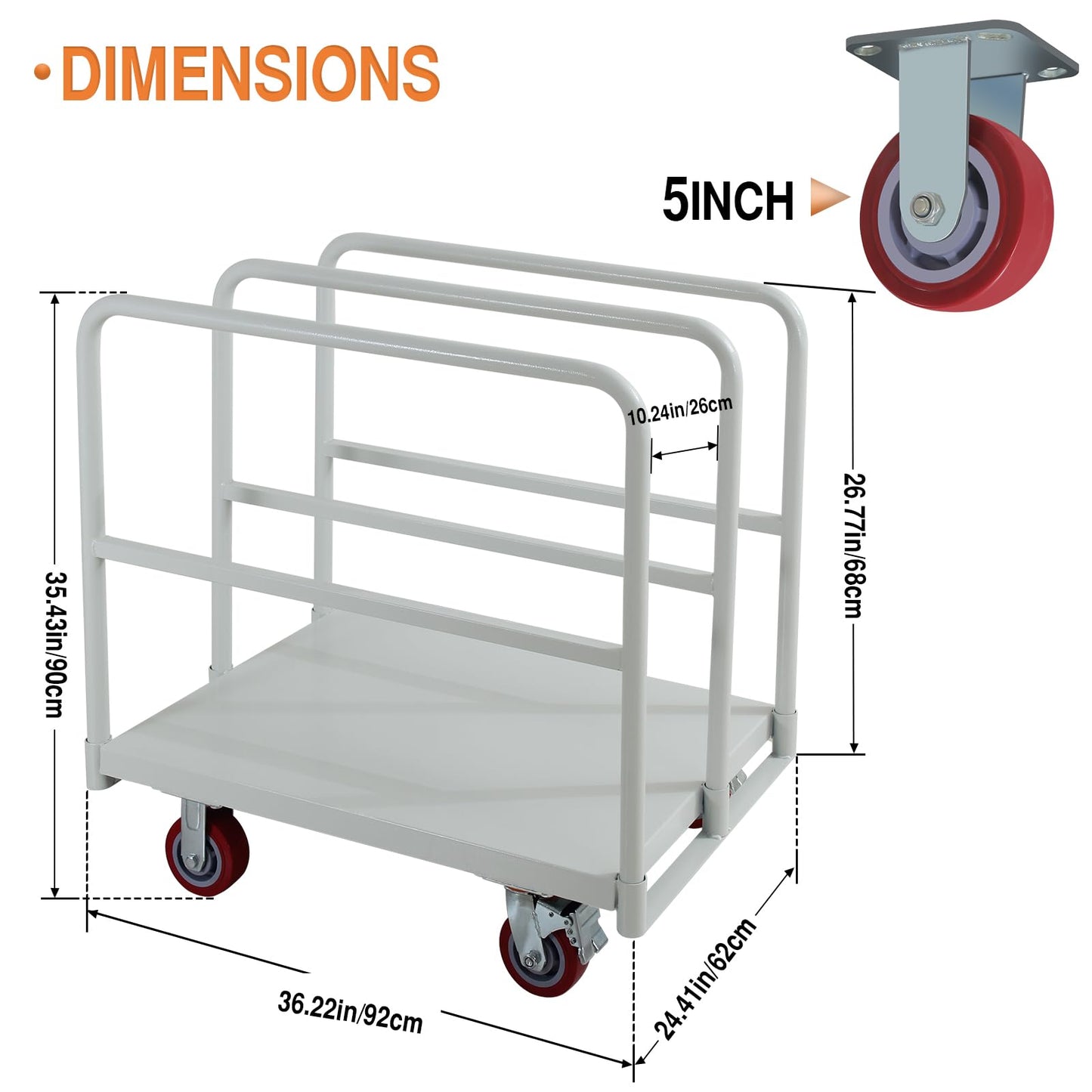 Drywall Cart Steel Panel Truck, Heavy Duty Flatbed Carts with Wheels, Platform Flat Bed Cart with 2500 Lbs Capacity, 4 Swivel Casters, 3 Side Handrails