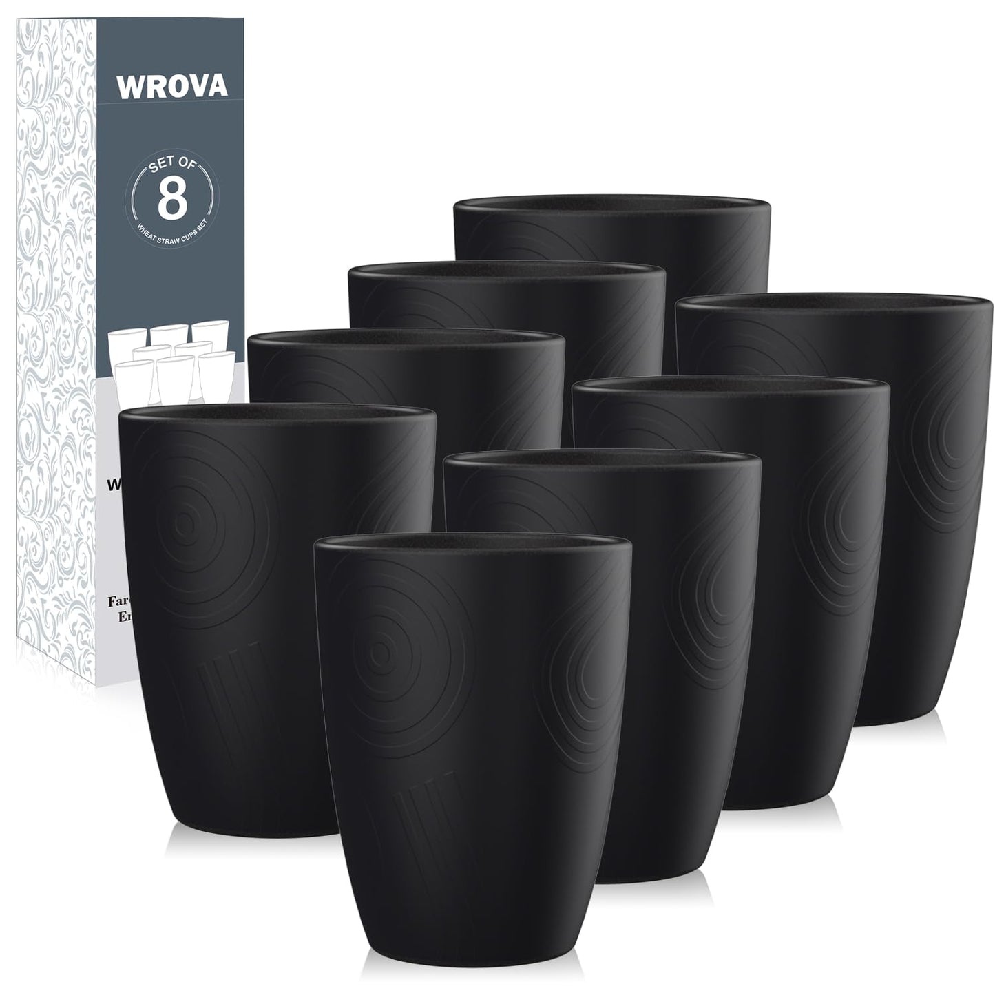 Wrova Wheat Straw Cups 8 PCS Good Alternative to Plastic Reusable Cups 12 oz Unbreakable Drinking Cup Reusable Dishwasher Safe Water Plastic Glasses Pure Black
