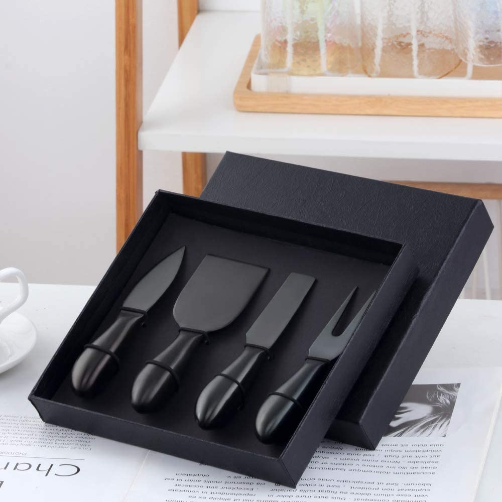 Buyer Star Black 4 Piece Cheese Knife Set Stainless Steel Mini Cheese knives Charcuterie Board Accessories Cheese Spreader Knife with Present Box for Charcuterie, Present-Ready