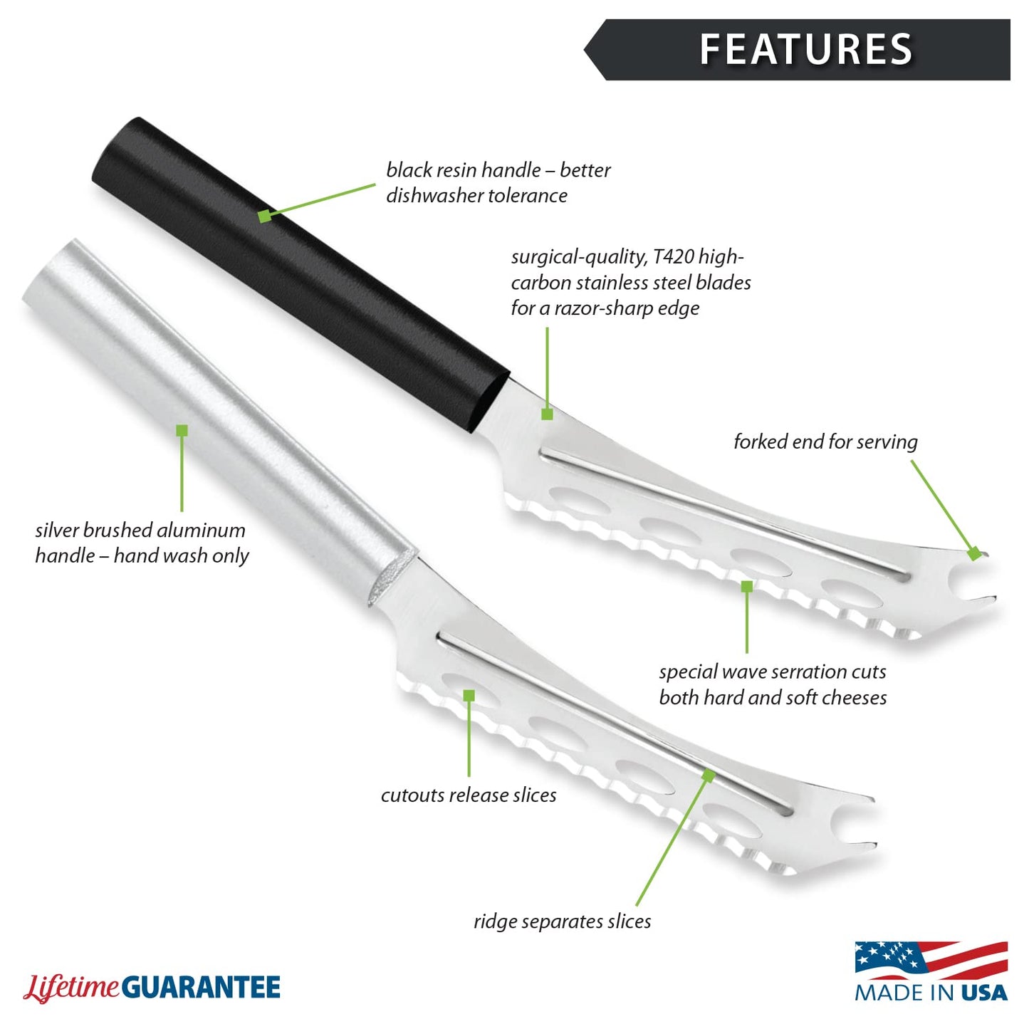 Rada Cutlery Cheese Knife (R139), 5.25" Stainless Steel Serrated Blade with Ridged Cutouts and Forked End, Silver Handle