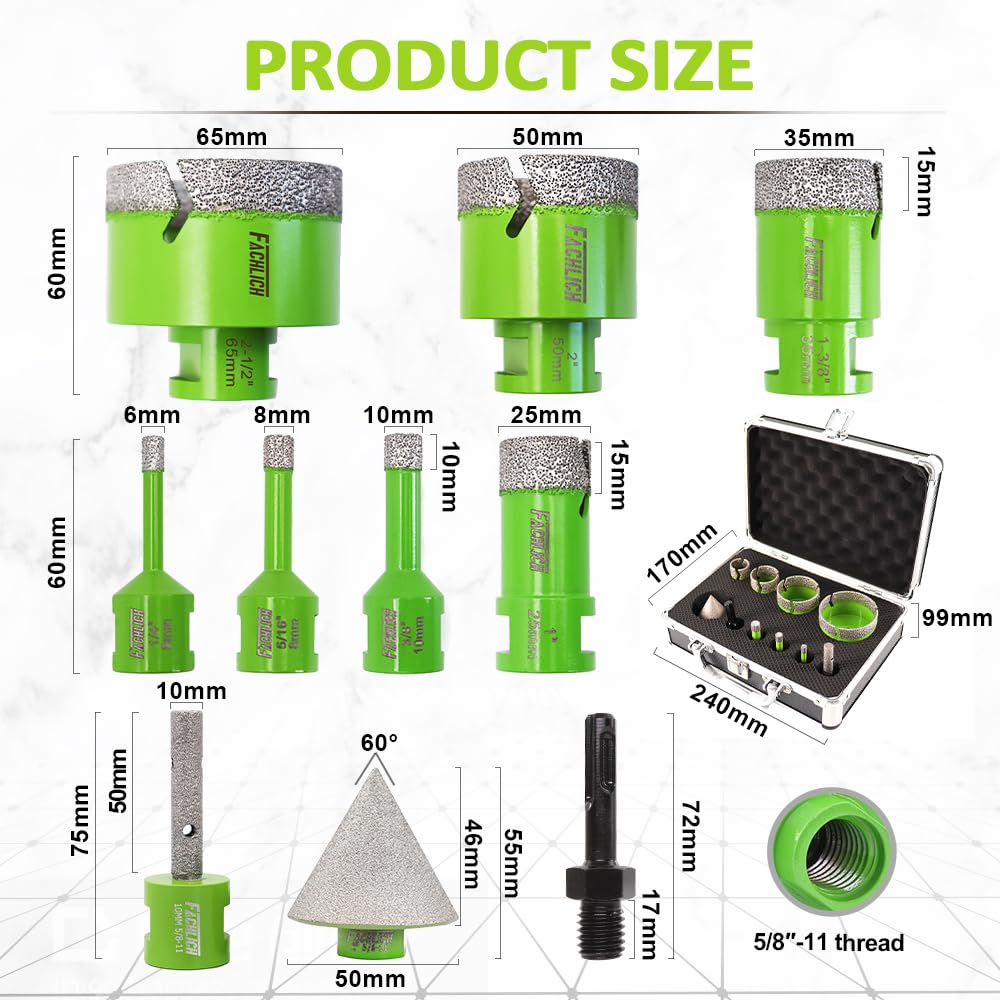 FACHLICH MINLAYCUT Diamond Core Drill Bits Set - 10pcs Tile Hole Saw Kit 6/8/10/25/35/50/65mm with 2" Diamond Beveling Chamfer Bits for Porcelain Ceramic Tile Granite Marble