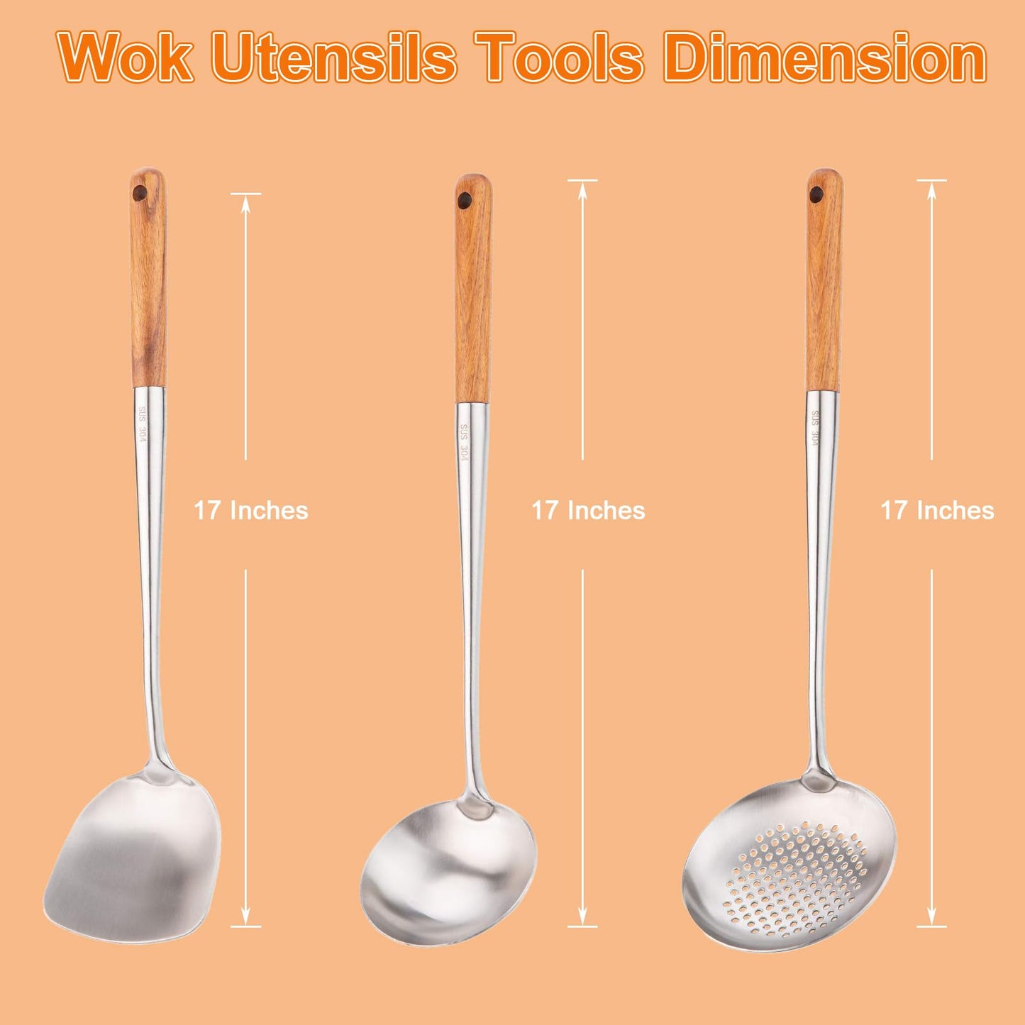 FJNATINH Wok Spatula and Ladle,Skimmer Ladle Tool Set, 17inches Spatula for Wok, 304 Stainless Steel Cooking Utensils