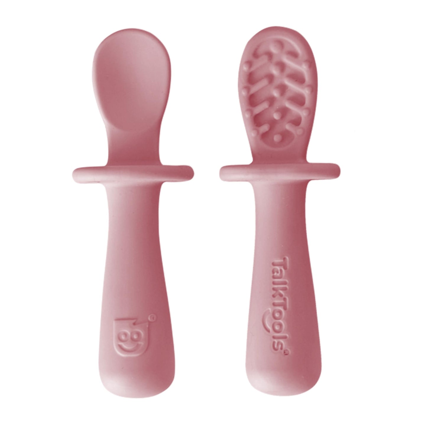 TalkTools ITSY Tiny Silicone Spoons – Twin Pack Soft Silicone Self-Feeding Training Spoons for Kids & Toddlers, Anti-Choking Flange Guard and Non-Slip Handle (Bubblegum)