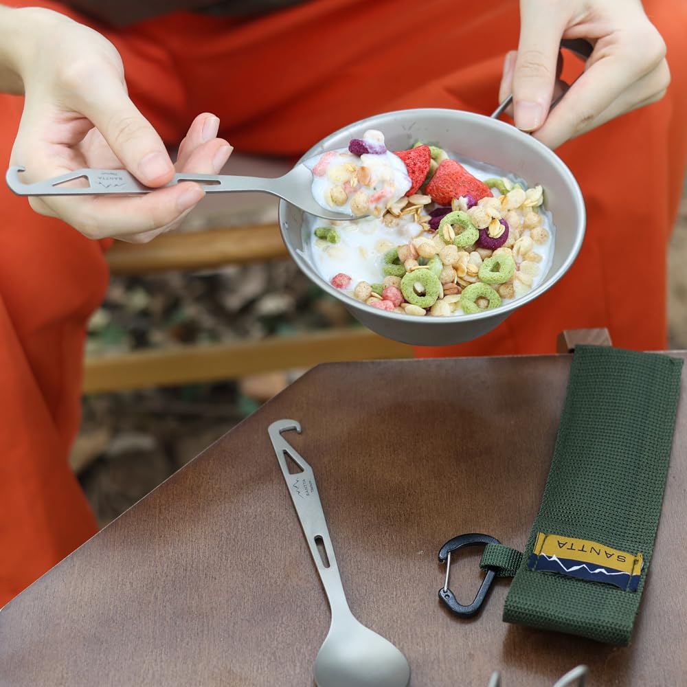 SANTTA Compact Titanium Collapsible Chopsticks and Spoon Utensil Set with Carry Bag and Carabiner for Camping, Hiking, Backpacking and Travelling