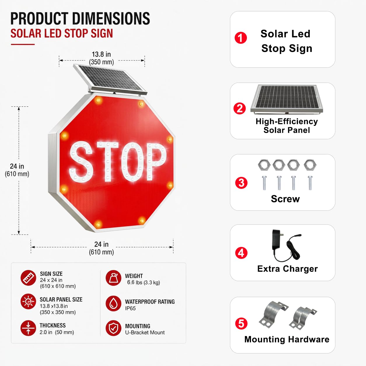 GAJTTR 24in Solar Powered LED Flashing Stop Sign, MUTCD Compliant Traffic Stop Sign with 44 Blinking LEDs,Engineer Grade Reflective Film, Heavy Duty Aluminum Metal Frame Blinking Road Warning Sign for Industrial,School,Driveway,Fire Lane (Red)