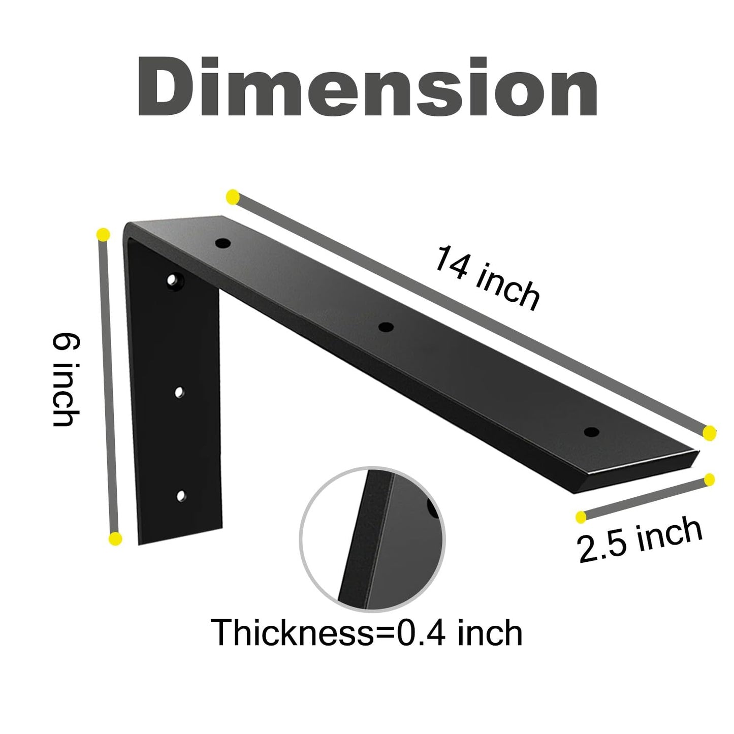 WINKER Countertop Support Bracket 3 Pack Heavy Duty 3/8" Thick Hidden L Shelf Bracket 14" x 6" x 2.5" Metal Corbels for Quartz/Granite/Wood/Concrete/Laminate Countertops, Black