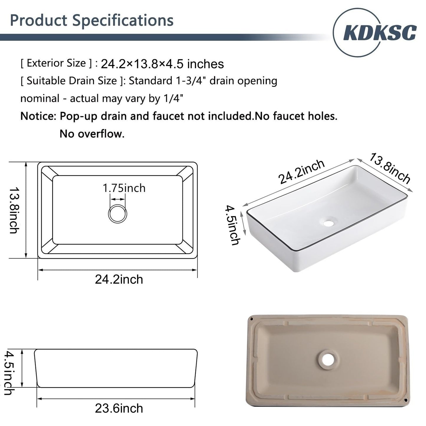 KDKSC Vessel Sink 24"x14" Rectangular Bathroom Sink White with Black Trim Porcelain Ceramic Modern Above Counter Vanity Sinks