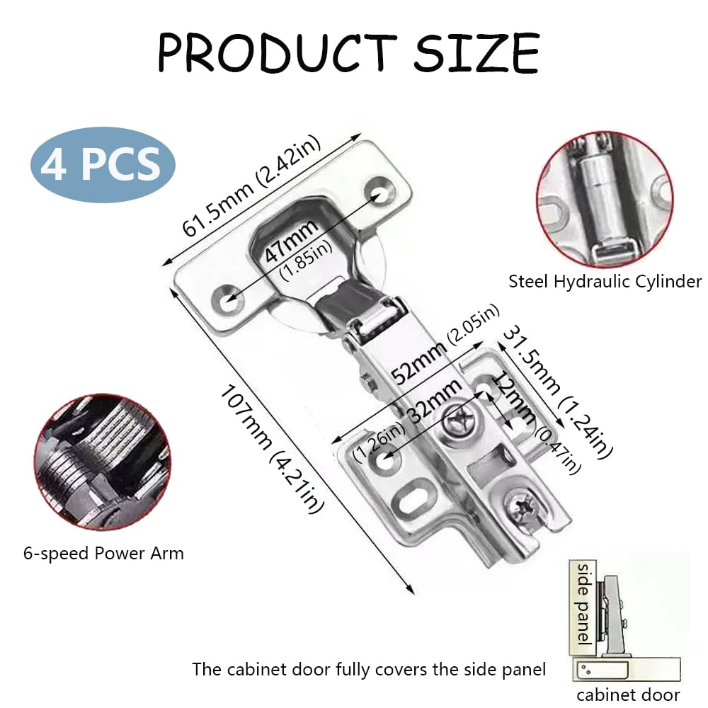 4 Pack 2 Pair Kitchen Cabinet Door Hinges, 105 Degree Soft Close Adjustable Concealed Cabinet Furniture Hinges, Full Overlay Cabinet Door Hinges with Mounting Screws