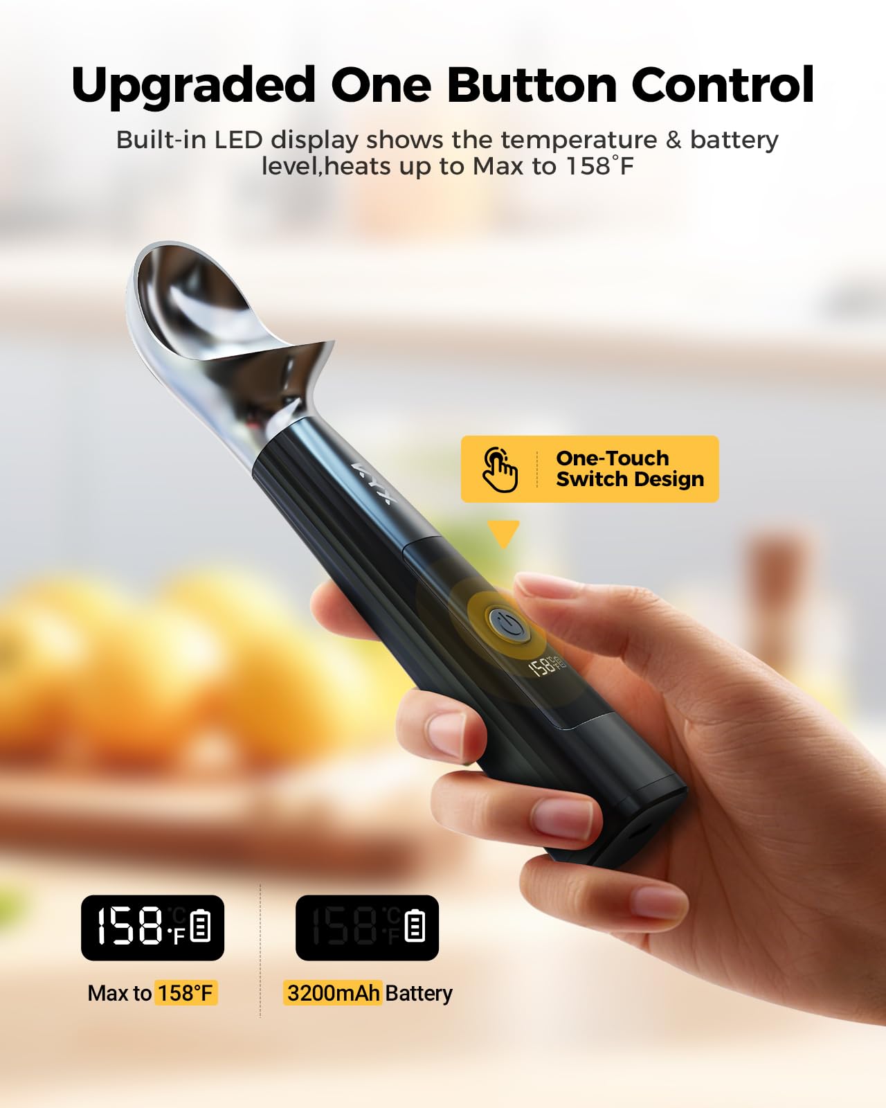 KYX Heated Ice Cream Scoop, with USB-C Charging, 3 Temperature Settings, Food-Grade Zinc Alloy, IPX6 Waterproof & Auto Shut-Off, Ideal for Scooping Hard Ice Cream, Gelato & Frozen Desserts