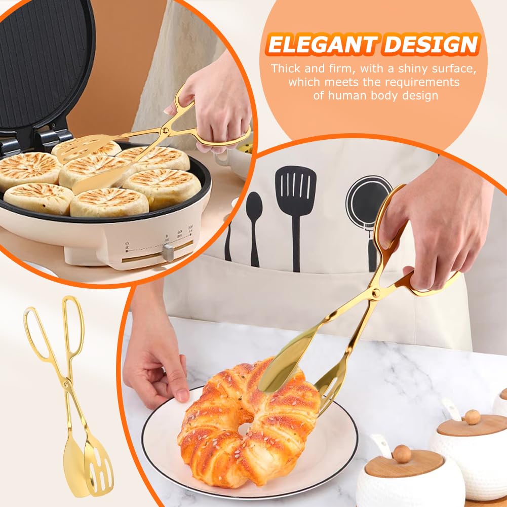 Serving Tongs,Stainless Steel Buffet Tongs, Kitchen Tongs Serving Utensils for Salad Buffet Appetizer Dessert Food Parties Wedding Party Catering, 3 Different Type Food Tongs(Gold)