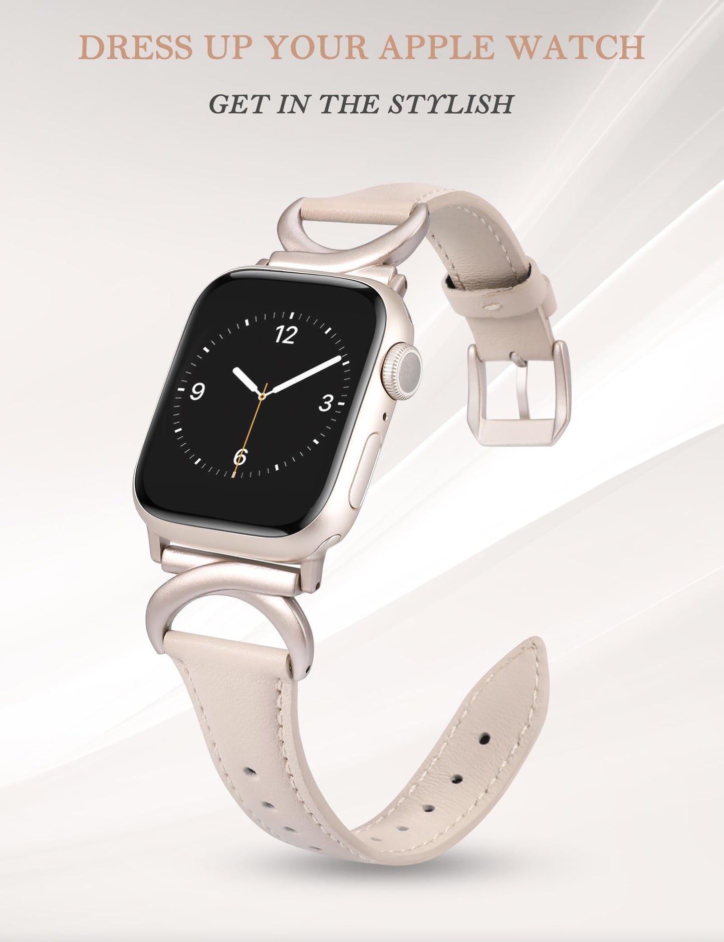 Minyee Leather Band Compatible with Apple Watch Bands 41mm 40mm 38mm 44mm 45mm 42mm 49mm Women, Slim Thin Dressy Designer Strap with C-Shape Metal Buckle for iWatch Ultra 2, Series
