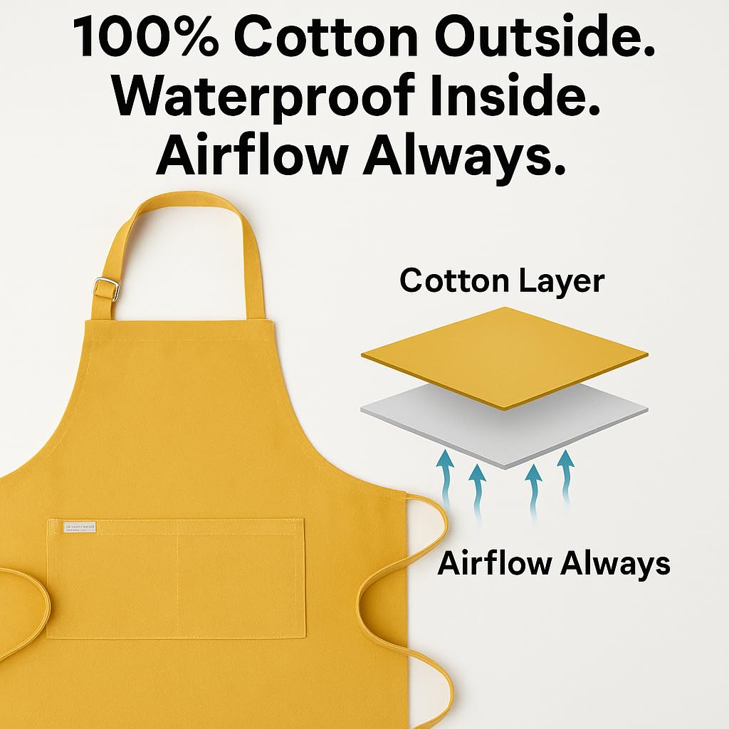 RUSTIQUE LINENS Lemon Cotton Cross Back Apron with Waterproof Inner Membrane and 2 Pockets for Men and Women – Adjustable Water Resistant Chef Apron for Cooking, Baking, BBQ, or Work