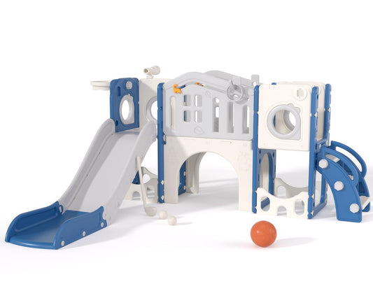 67i 10-in-1 Toddler Playground Set with Slide & Climber, Indoor Outdoor Play Gym for Toddlers 1-3, Quick Compact Setup Kids Playset with Basketball Golf Ring Toss Telescope Dino Area (Blue Gray)