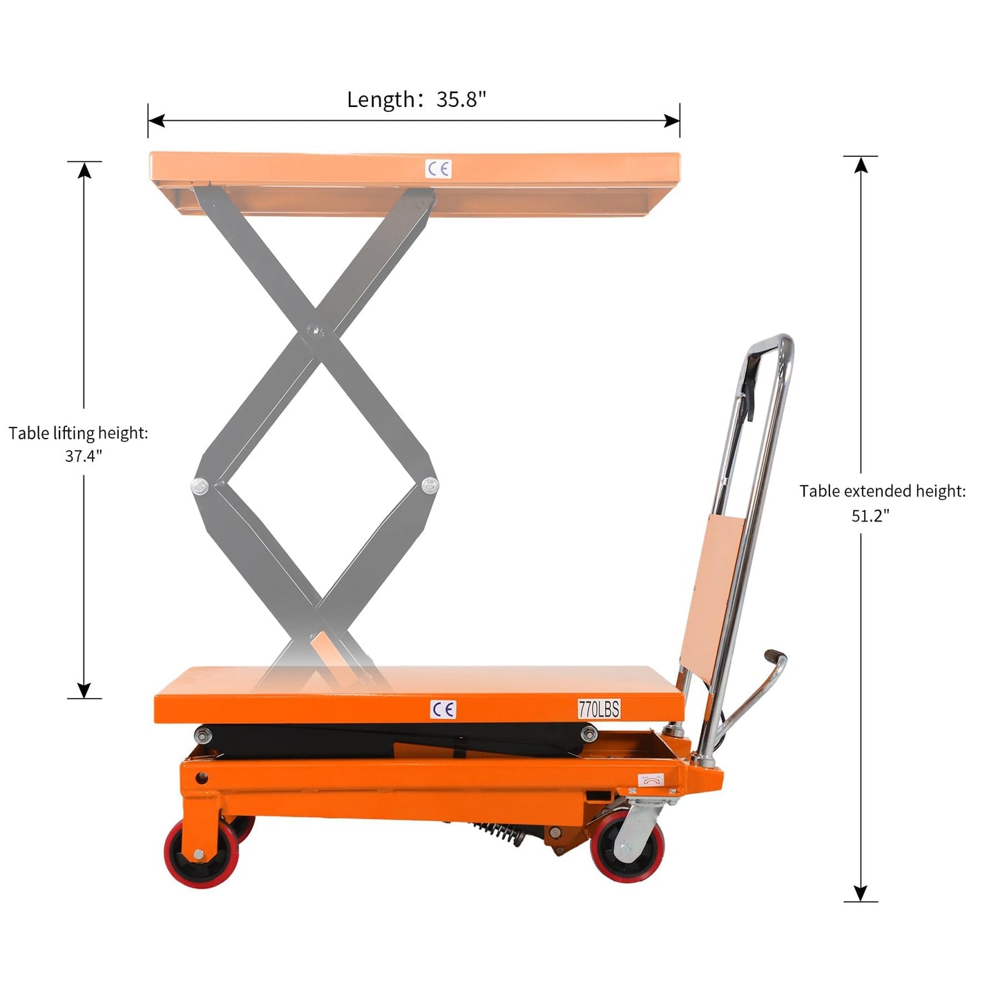 Tory Carrier Hydraulic Scissor Manual Scissor Lift Table 770LBS Capacity, Cart Lift Table Cart 51.2" Lifting Height, Elevating Hydraulic Cart for Material Handling