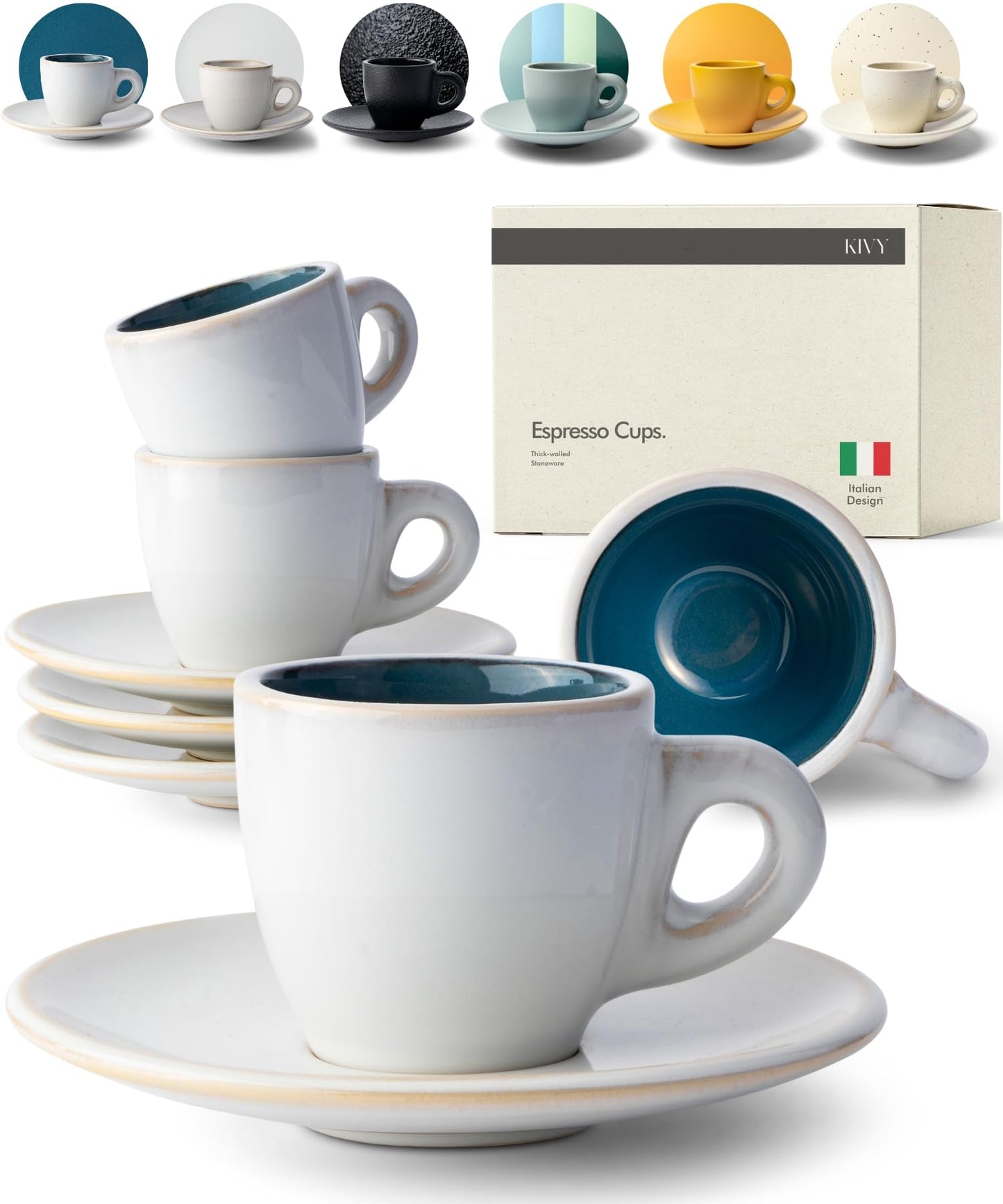 KIVY 3 oz Espresso cups set of 4 - Thick walled stoneware espresso cup set - Italian style espresso cups and saucers - Expresso shots cup - Small coffee mugs and saucers - Blue