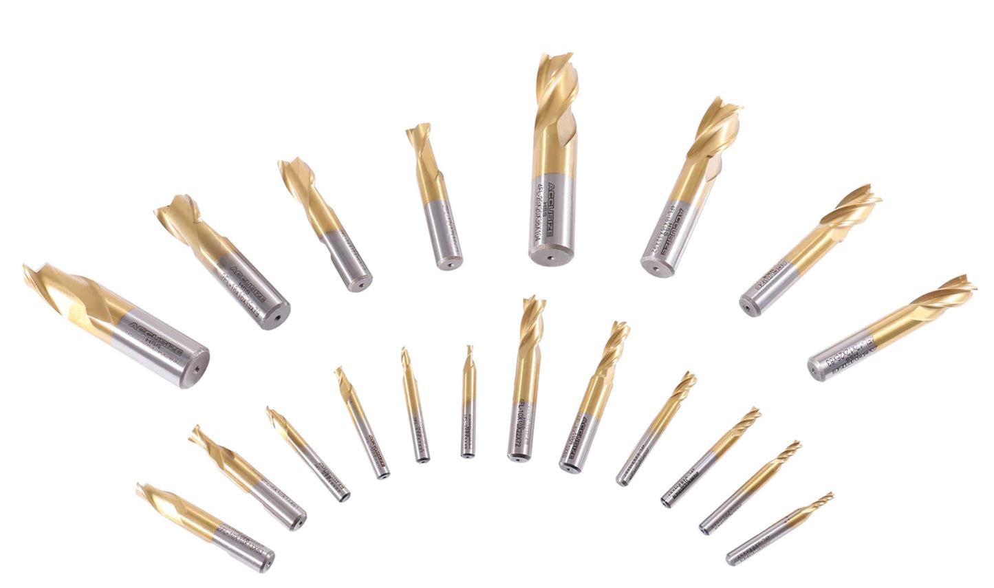 Accusize Industrial Tools 20 Pc H.S.S. Tin Coated End Mill Set, Metric Size, Cutting Diameter from 3 mm up to 20 mm, 2 Flute and 4 Flute, 1810-0104