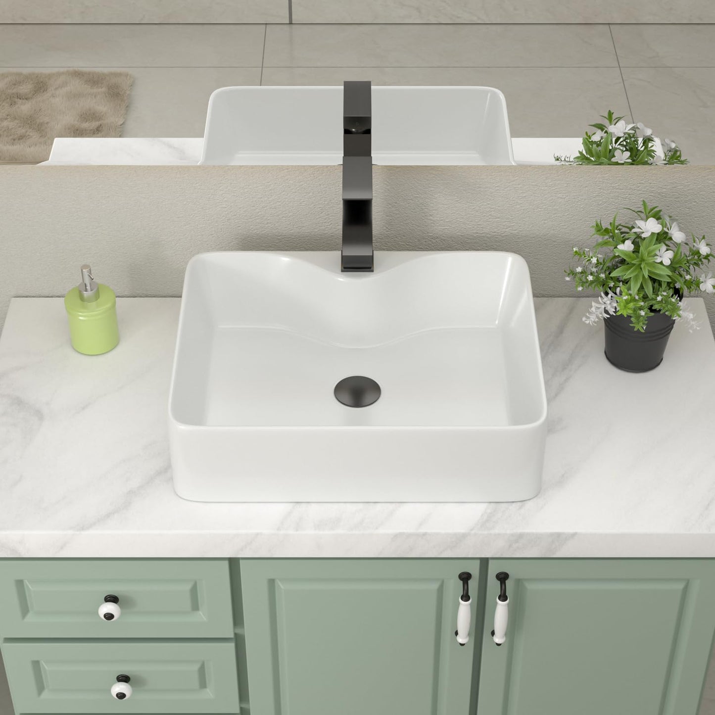 Yurshen 19 Inch Bathroom Sink with Black Faucet- 19"x15" White Ceramic Bathroom Vessel Sink Above Counter Ceramic Sinks Bowl Classic White Glossy Porcelain Sinks