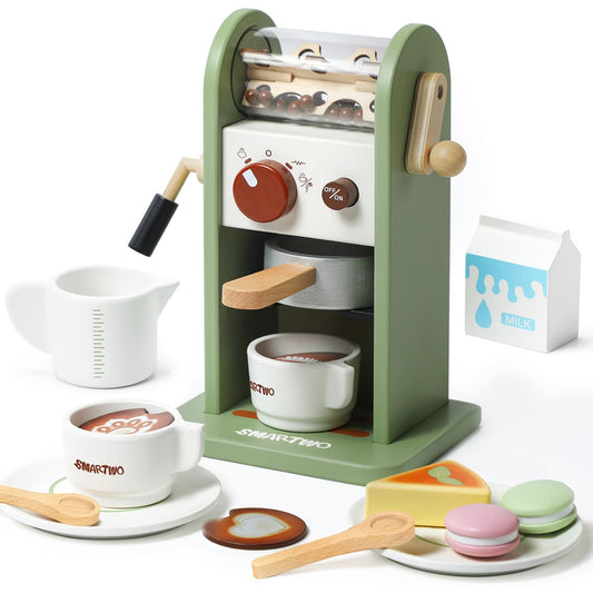 Smartwo Kids Wooden Coffee Maker Toy,Coffee Machine Playset with Grinder,Play Coffee Making Routine,Stimulates Imaginative Pretend Play and Life Skills,Birthday Gift for Toddler Boy Girl,17pcs