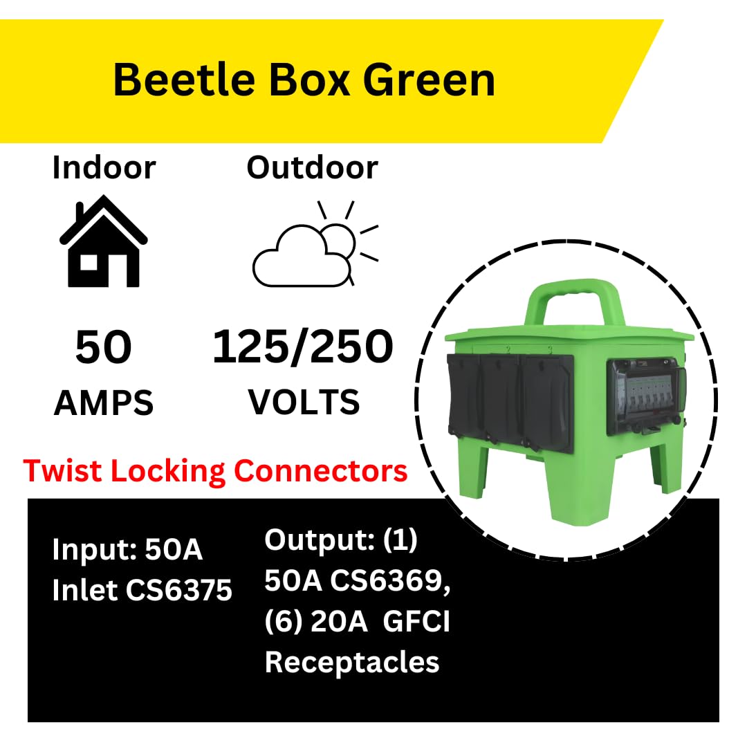 Power Assemblies Power Distribution Box with 50A 125/250V CS6375 Inlet, 50A 125/250V CS6369 Outlet, & 6 20A 125V Duplex GFCI Receptacles