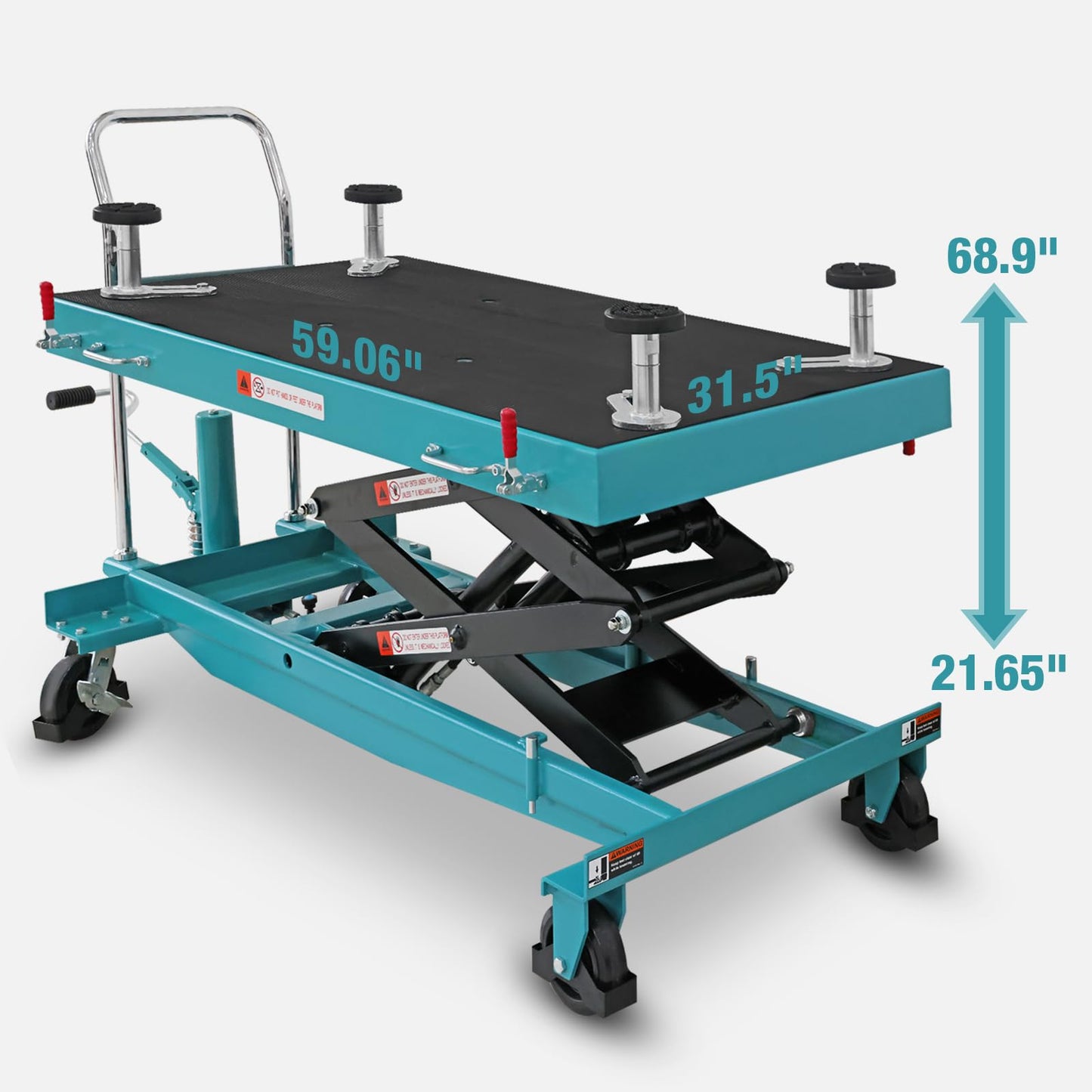 Hydraulic Lift Table Cart, 2,200 lb Capacity, 21.65"–68.9" Lift, 59" x 31.5" Anti-Slip Floating Platform, Insulated Tray, Dual Cylinder, PU Brake Casters