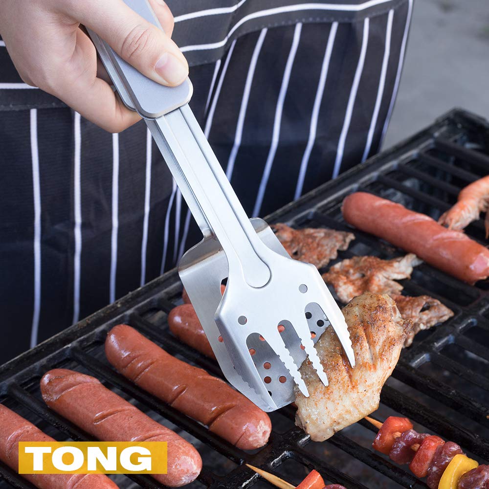 ROXON 4 in 1 Mini Folding BBQ Barbecue Combo Tool Set with Spatula, Fork, Tongs and Bottle Opener for Hiking Camping (Grey)