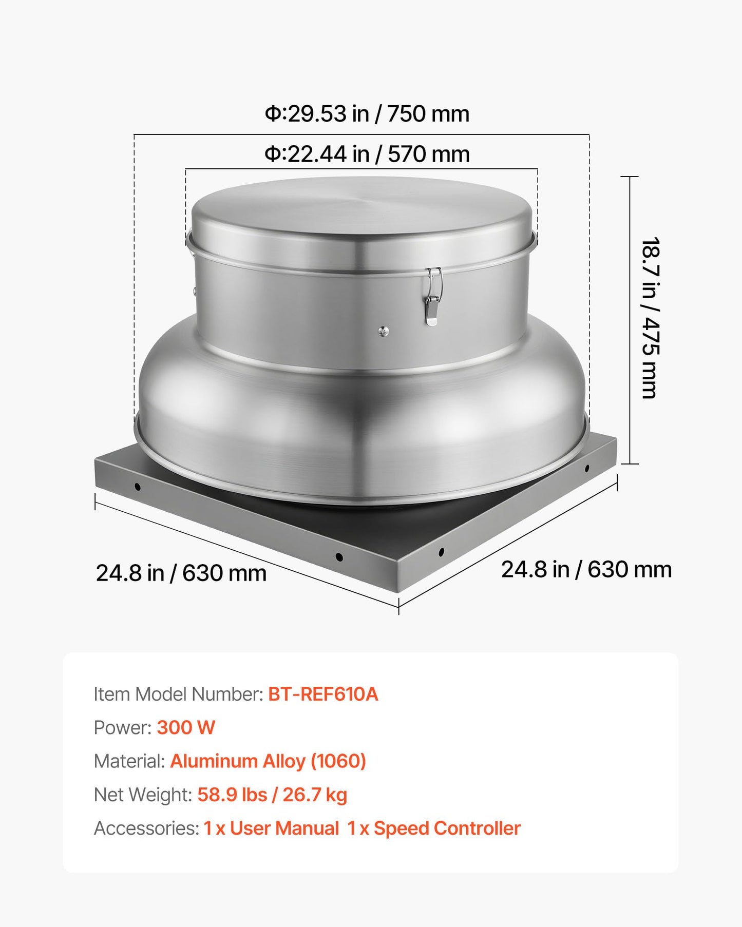 VEVOR Roof Exhaust Fan, 1500CFM & 2600CFM Adjustable Speed Control Attic Vent Fan with High-Power Motor, 24.8inch Fan Base Heavy-Duty Aluminum Alloy, Compact for Garage,Kitchen,Bathroom,Silver