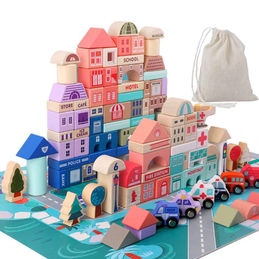 Migargle Wooden Building Blocks Set, 115 Pcs City Construction Stacker Stacking Preschool Learning Educational Toys, Toddler Toys for 3+ Year Old Boy and Girl Gifts