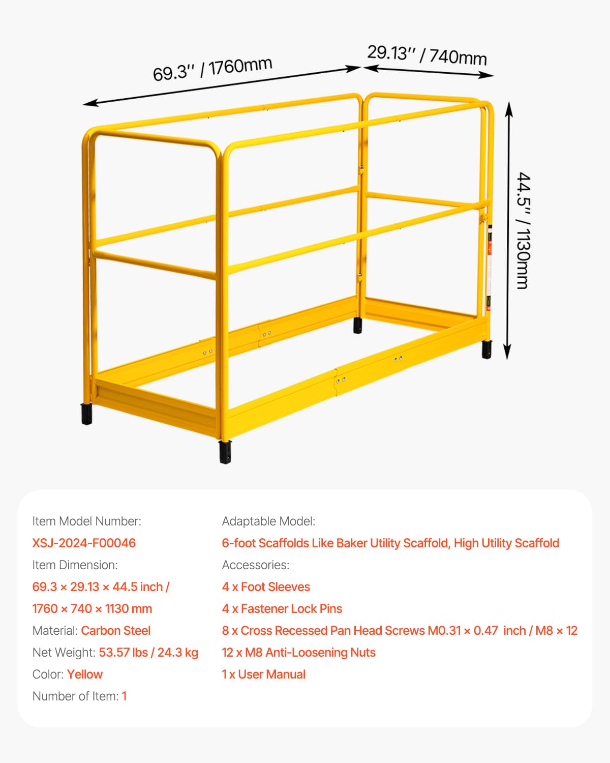 VEVOR 6 Foot Scaffolding Safety Guardrail, Rustproof Solid Carbon Steel Scaffold Guard Rail of 55.4 lbs Load Capacity, Baker Style Metal Guardrails Accessory System for Scaffolding Platform, Yellow