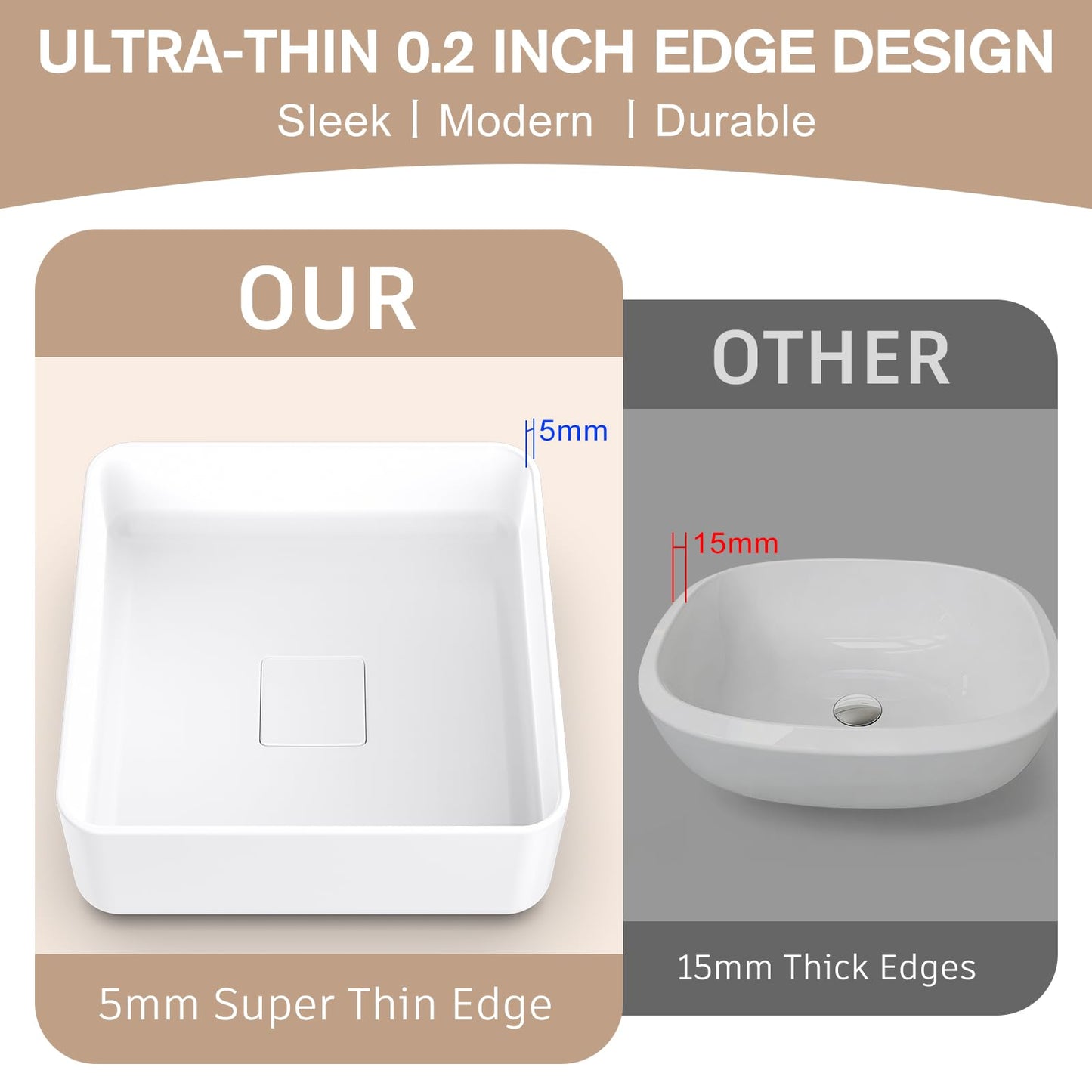 Vessel Sink with Drain, 12" Square Bathroom Sinks Above Counter, 0.2" Ultra-Slim Rim Modern Vessel Sinks for Bathroom, White Ceramic Vanity Sink (12.2x12.2" Square)